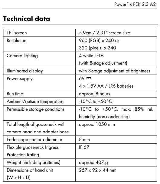 cameră inspecție Powerfix PEK 2.3 A2 (date tehnice)